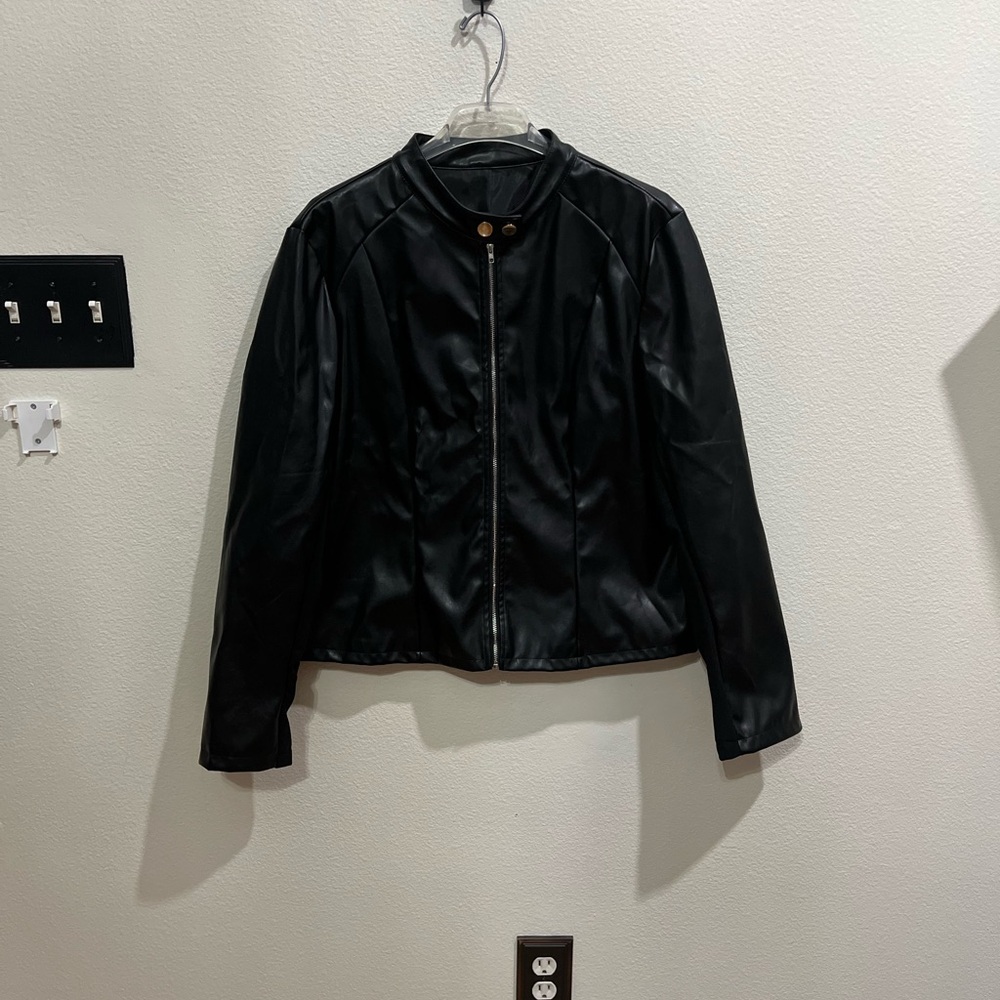Black Faux Leather Jacket with Glossy Finish and Structured Silhouette